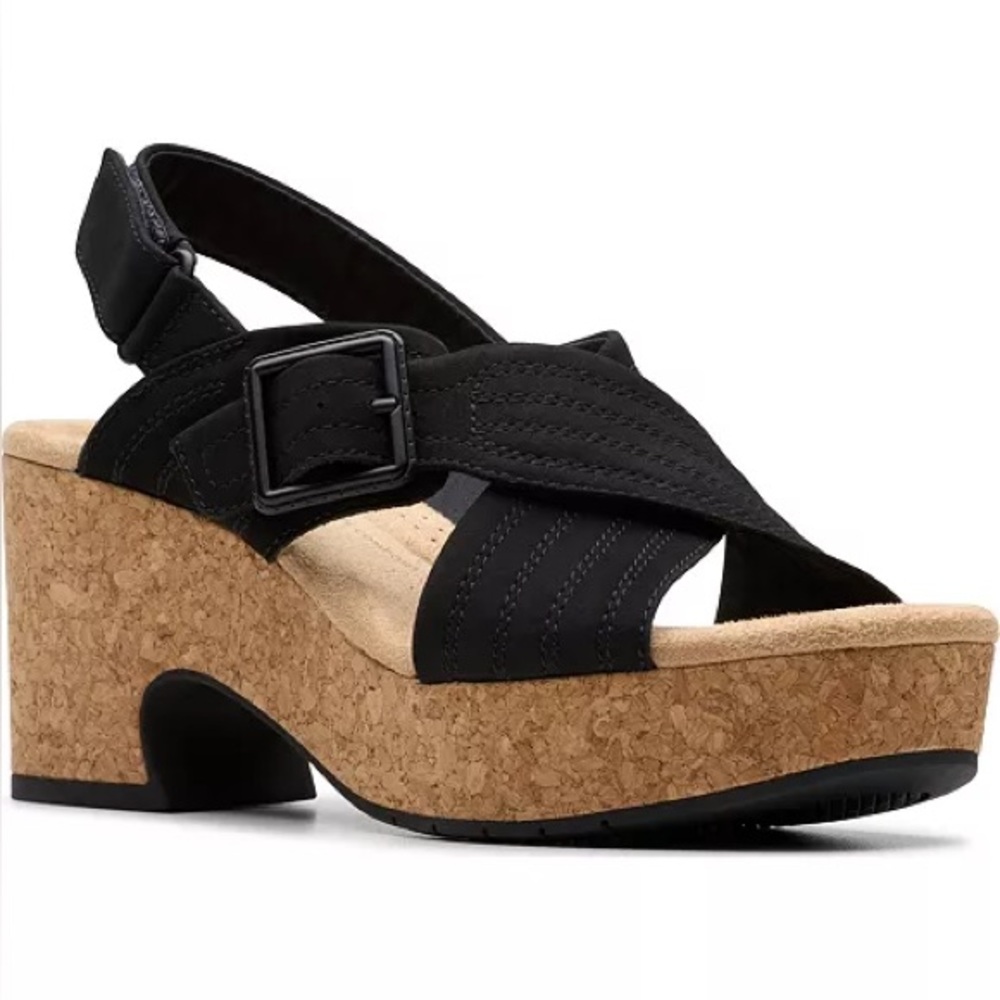 Clarks Black Leather Cork Wedge Sandals, worn once